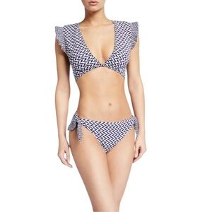 NWT Shoshanna Deep V Chevron Blue 2pc Bikini Top B/C cup Bow Side Bottom Size L